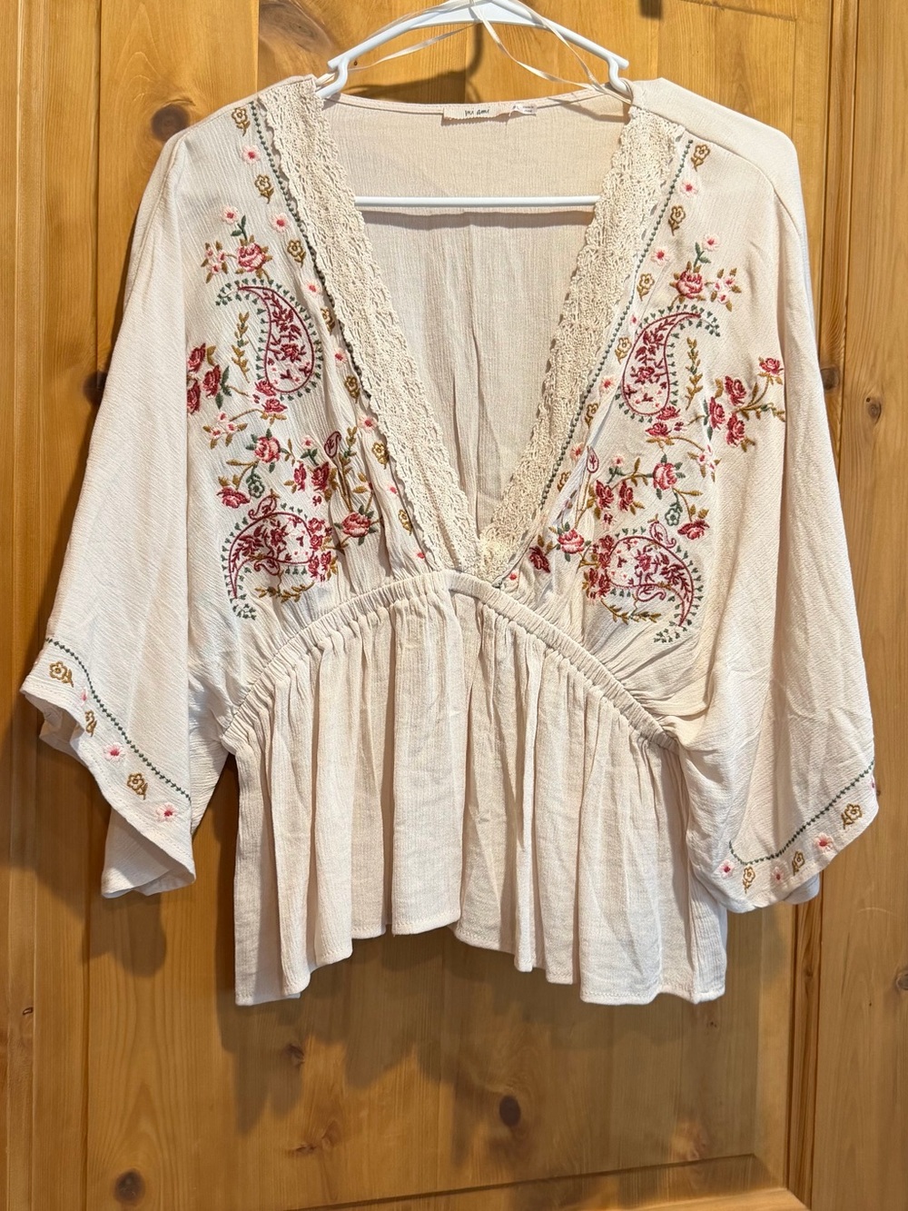 miami Cream Boho V-Neck Peplum Top with Pink & Green Embroidery
